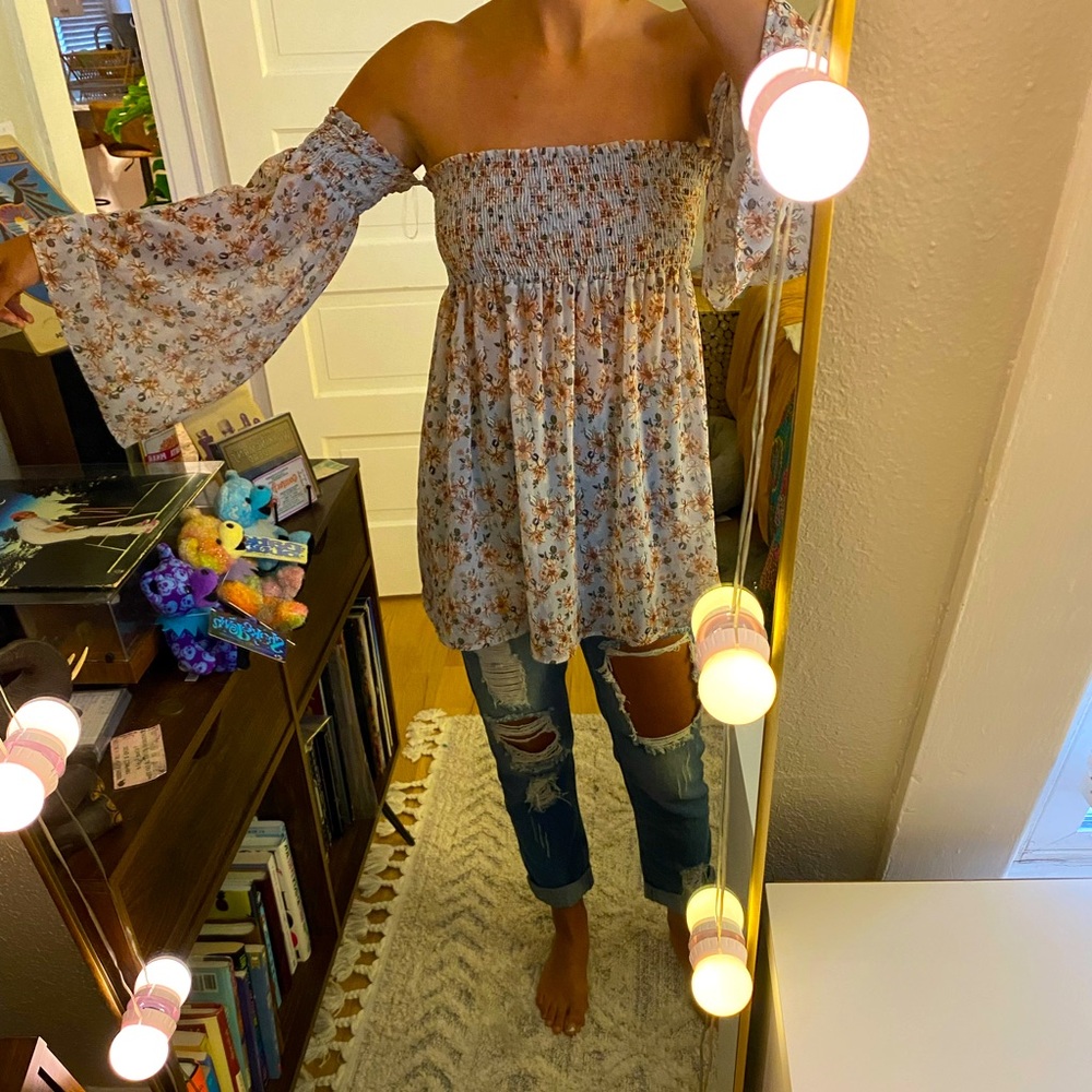 VICI Floral Off the Shoulder Bell Sleeves Top